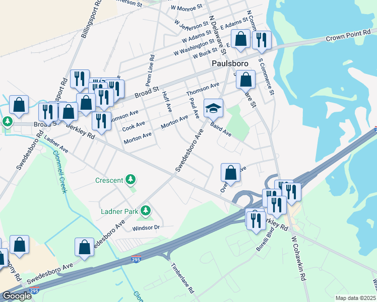 map of restaurants, bars, coffee shops, grocery stores, and more near Swedesboro Avenue in Paulsboro