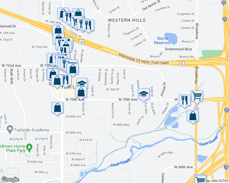 map of restaurants, bars, coffee shops, grocery stores, and more near 7085 Inca Way in Denver