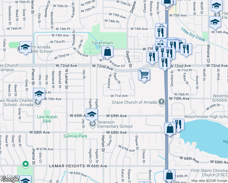 map of restaurants, bars, coffee shops, grocery stores, and more near 5713 West 71st Place in Westminster