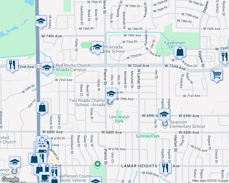map of restaurants, bars, coffee shops, grocery stores, and more near 7047 Otis Street in Arvada