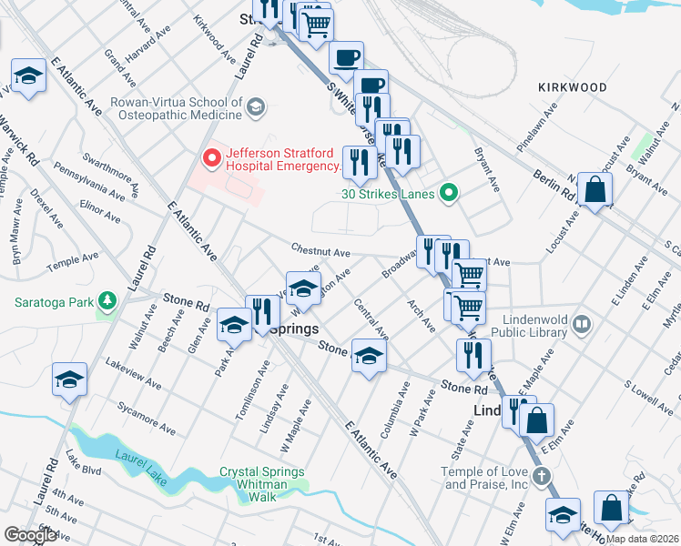 map of restaurants, bars, coffee shops, grocery stores, and more near 104 Washington Avenue in Laurel Springs