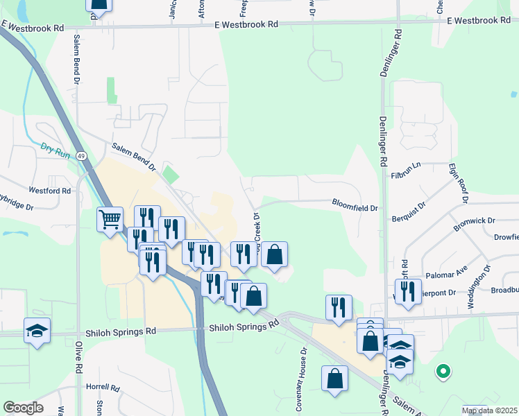 map of restaurants, bars, coffee shops, grocery stores, and more near 5401 Wood Creek Drive in Trotwood