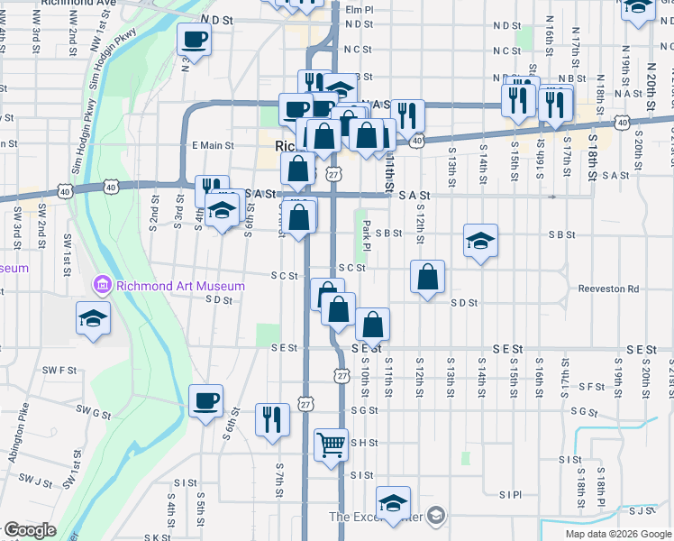 map of restaurants, bars, coffee shops, grocery stores, and more near 222 South 10th Street in Richmond