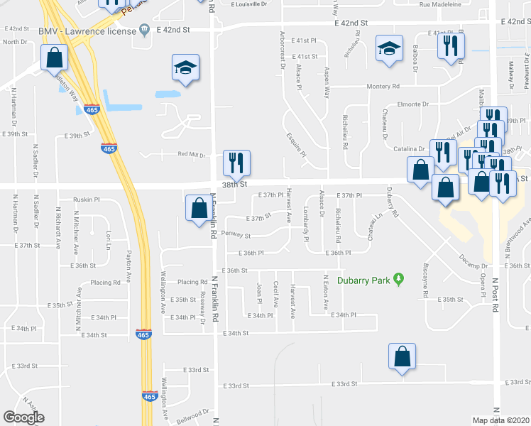 map of restaurants, bars, coffee shops, grocery stores, and more near 8145 East 37th Place in Indianapolis