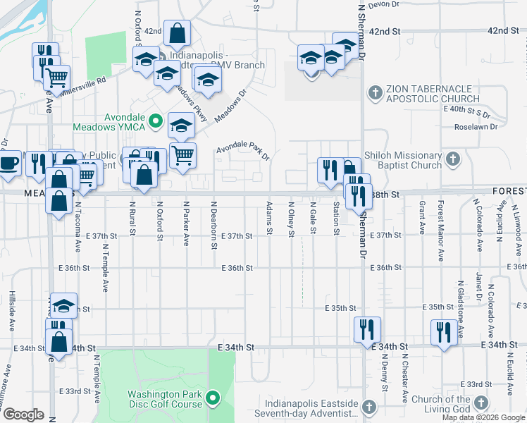 map of restaurants, bars, coffee shops, grocery stores, and more near in Indianapolis