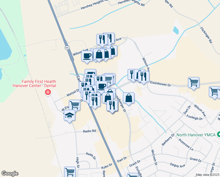 map of restaurants, bars, coffee shops, grocery stores, and more near 130 Eisenhower Drive in Hanover