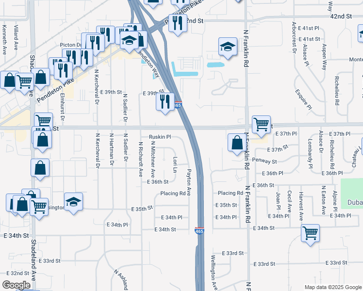 map of restaurants, bars, coffee shops, grocery stores, and more near 3755 Payton Avenue in Indianapolis