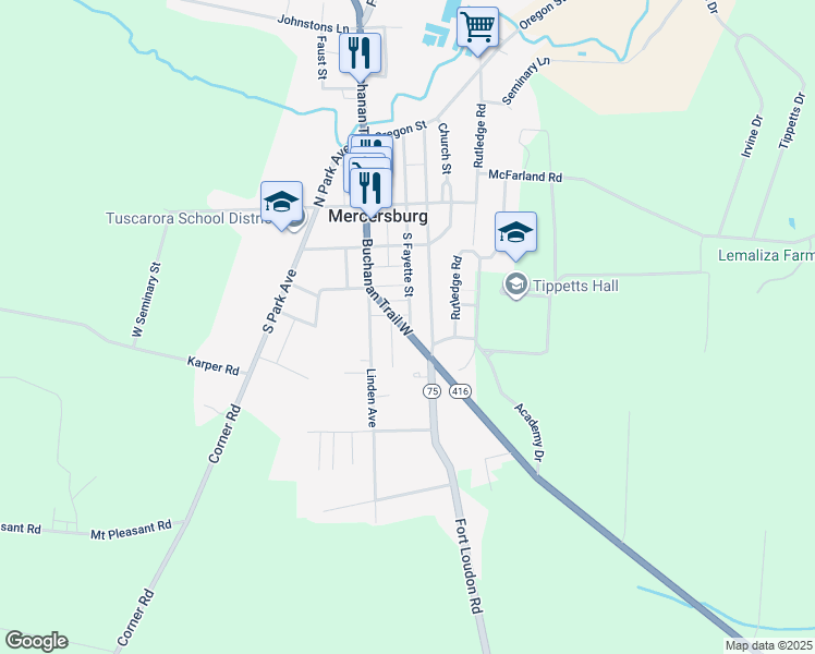 map of restaurants, bars, coffee shops, grocery stores, and more near 245 South Main Street in Mercersburg
