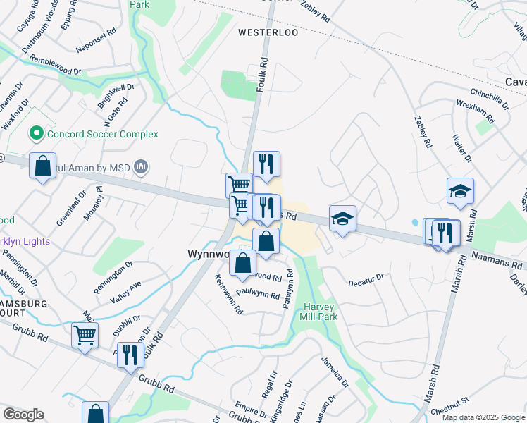 map of restaurants, bars, coffee shops, grocery stores, and more near 2028 Naamans Road in Wilmington