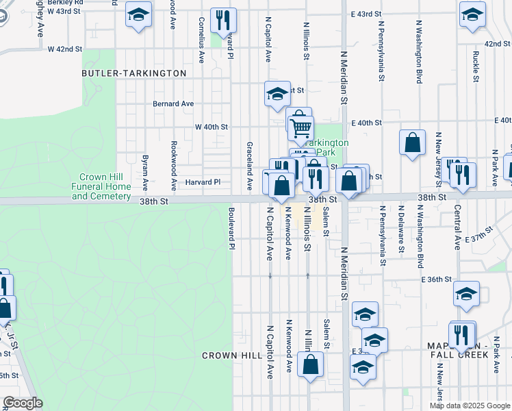 map of restaurants, bars, coffee shops, grocery stores, and more near in Indianapolis