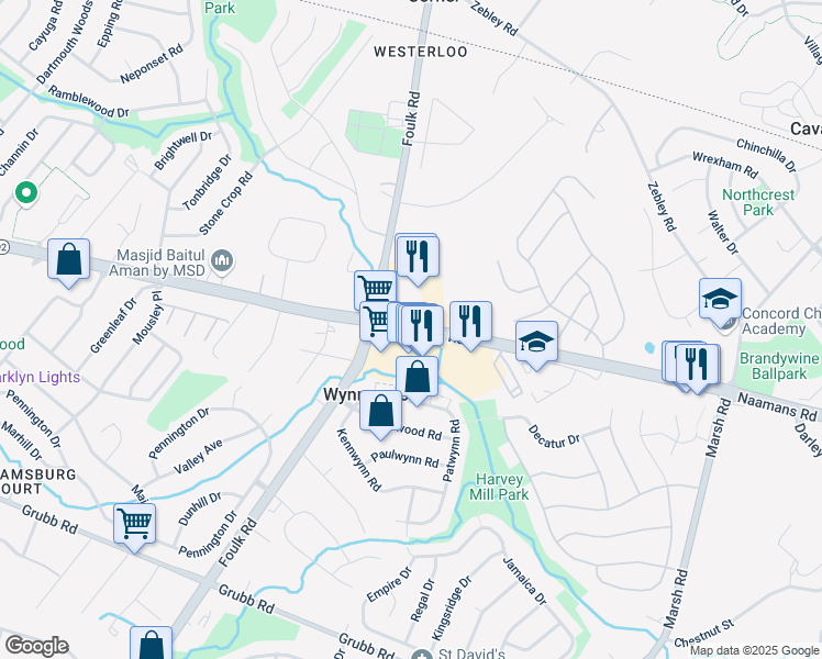 map of restaurants, bars, coffee shops, grocery stores, and more near 2054 Naamans Road in Wilmington