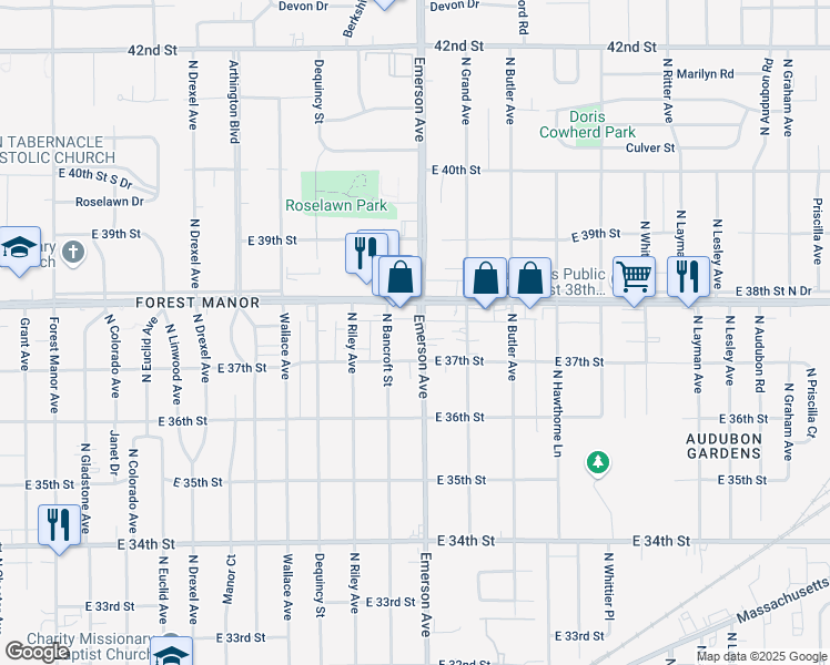 map of restaurants, bars, coffee shops, grocery stores, and more near 3726 North Emerson Avenue in Indianapolis