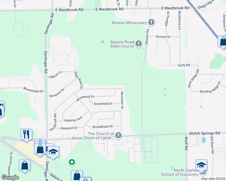map of restaurants, bars, coffee shops, grocery stores, and more near 4181 Knollcroft Road in Dayton
