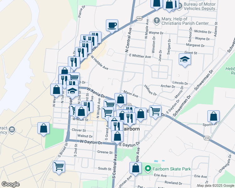 map of restaurants, bars, coffee shops, grocery stores, and more near 131 North Central Avenue in Fairborn