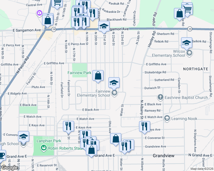 map of restaurants, bars, coffee shops, grocery stores, and more near 1805 North 22nd Street in Springfield