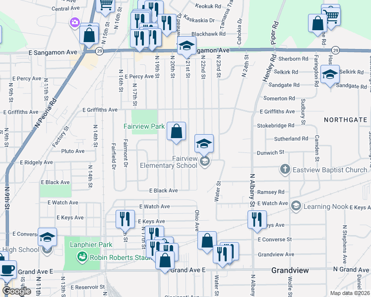 map of restaurants, bars, coffee shops, grocery stores, and more near 1804 North 20th Street in Springfield