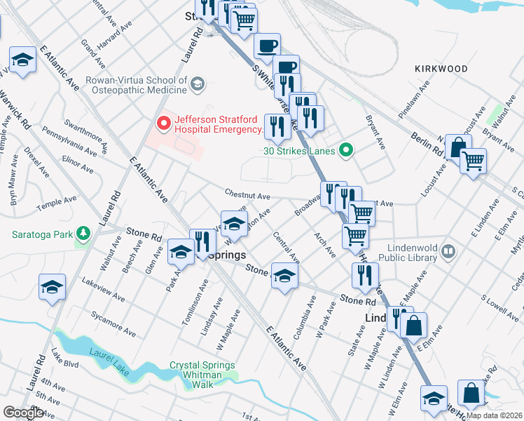 map of restaurants, bars, coffee shops, grocery stores, and more near 230 West Central Avenue in Laurel Springs