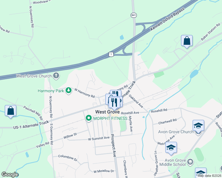 map of restaurants, bars, coffee shops, grocery stores, and more near 127 East Harmony Road in West Grove