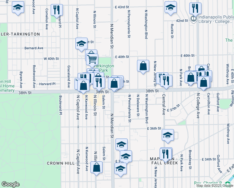 map of restaurants, bars, coffee shops, grocery stores, and more near 3801n North Meridian Street in Indianapolis