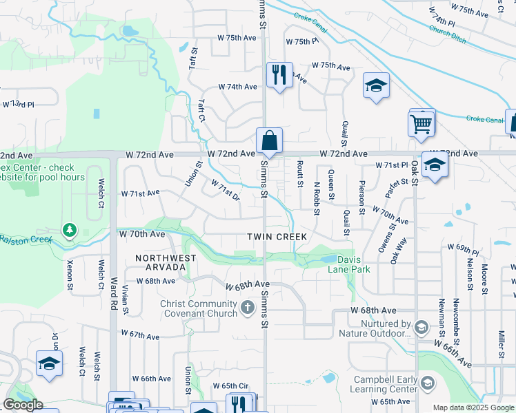 map of restaurants, bars, coffee shops, grocery stores, and more near 7115 Simms Street in Arvada