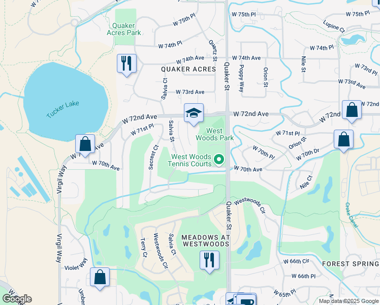 map of restaurants, bars, coffee shops, grocery stores, and more near 7058 Russell Court in Arvada