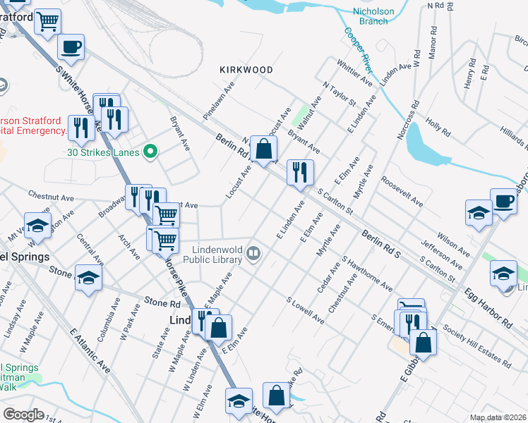 map of restaurants, bars, coffee shops, grocery stores, and more near 506 East Maple Avenue in Lindenwold