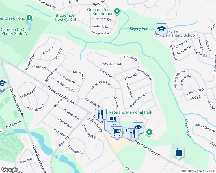 map of restaurants, bars, coffee shops, grocery stores, and more near 34 Cedar Creek Drive in Laurel Springs