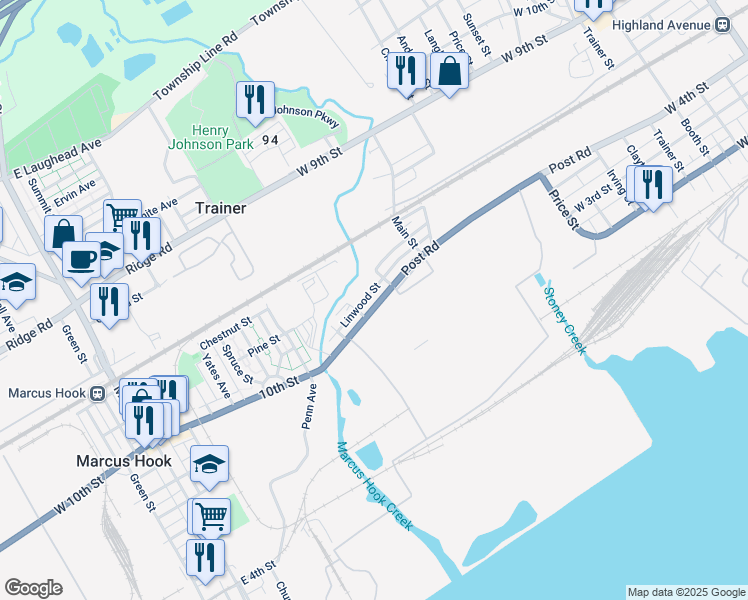 map of restaurants, bars, coffee shops, grocery stores, and more near 4316 Post Road in Trainer