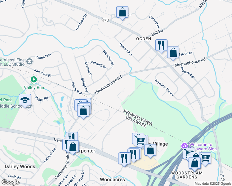 map of restaurants, bars, coffee shops, grocery stores, and more near 3131 Meetinghouse Road in Boothwyn