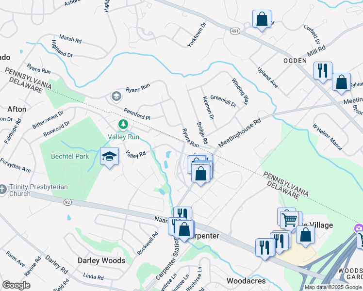 map of restaurants, bars, coffee shops, grocery stores, and more near 205 Ryans Run in Boothwyn