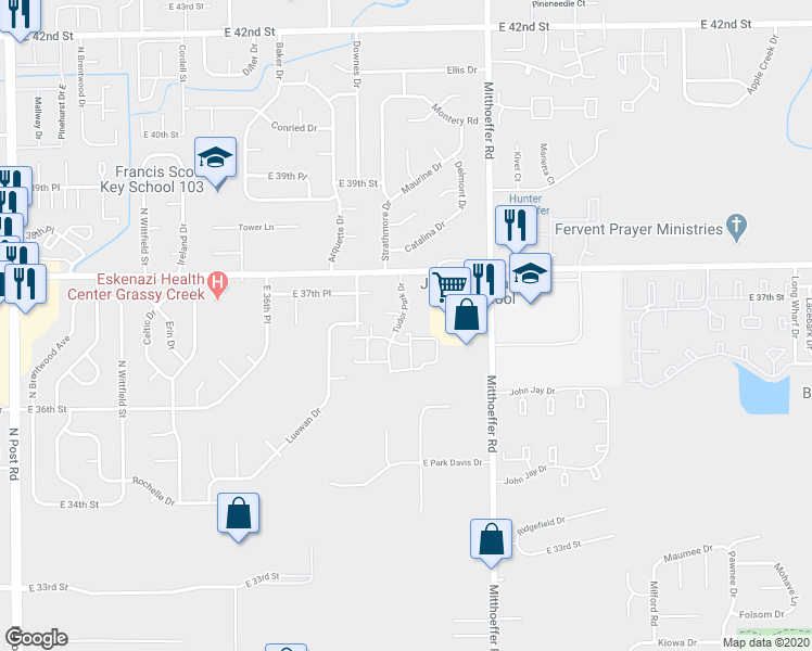 map of restaurants, bars, coffee shops, grocery stores, and more near 3728 Tudor Park Drive in Indianapolis