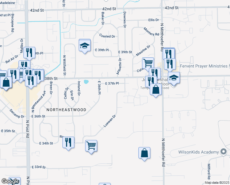 map of restaurants, bars, coffee shops, grocery stores, and more near 9607 East 37th Place in Indianapolis