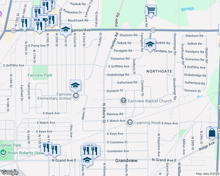 map of restaurants, bars, coffee shops, grocery stores, and more near 1814 Denton Street in Springfield
