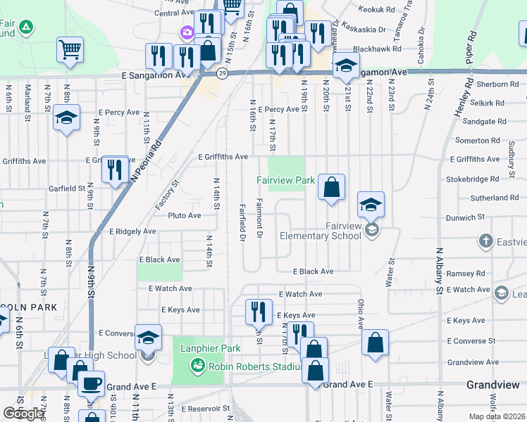 map of restaurants, bars, coffee shops, grocery stores, and more near 1812 Fairmont Drive in Springfield