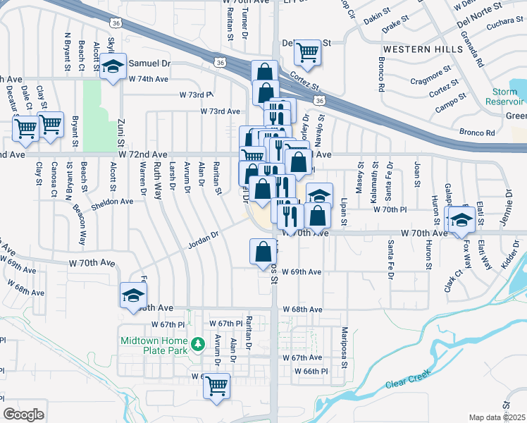 map of restaurants, bars, coffee shops, grocery stores, and more near 7073 North Pecos Street in Denver
