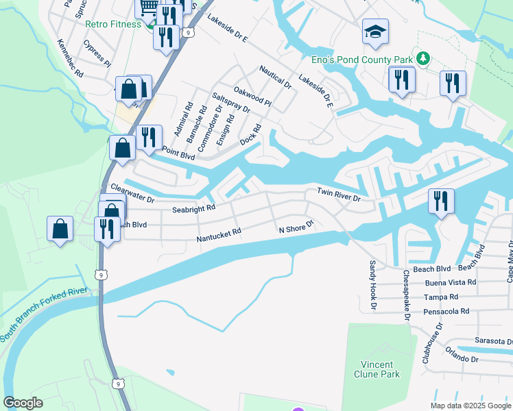 map of restaurants, bars, coffee shops, grocery stores, and more near 414 Beach Boulevard in Lacey Township