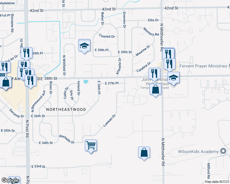 map of restaurants, bars, coffee shops, grocery stores, and more near 9607 East 37th Place in Indianapolis