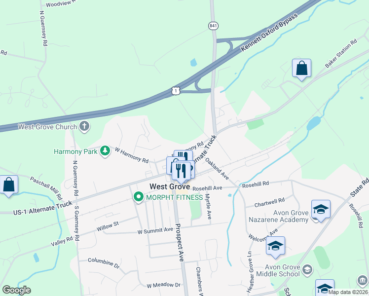 map of restaurants, bars, coffee shops, grocery stores, and more near 127 East Harmony Road in West Grove
