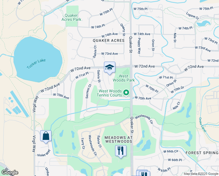 map of restaurants, bars, coffee shops, grocery stores, and more near 7058 Russell Court in Arvada