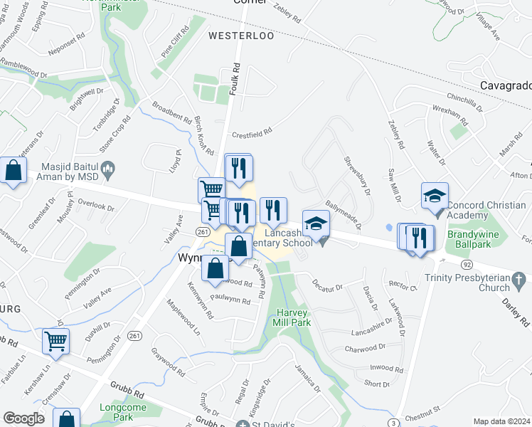 map of restaurants, bars, coffee shops, grocery stores, and more near 2500 Cedar Tree Drive in Wilmington