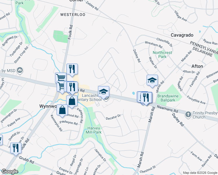 map of restaurants, bars, coffee shops, grocery stores, and more near 706 West Oakmeade Drive in Wilmington