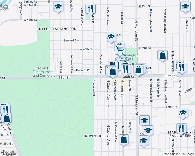 map of restaurants, bars, coffee shops, grocery stores, and more near in Indianapolis