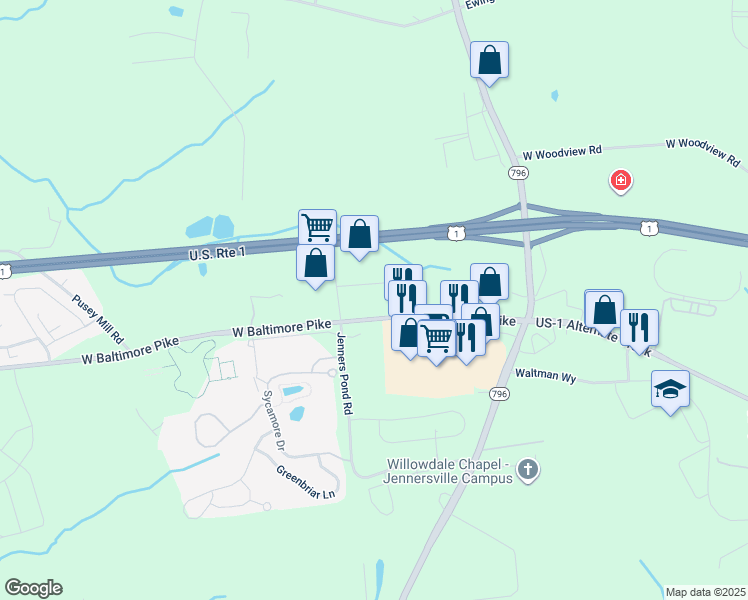 map of restaurants, bars, coffee shops, grocery stores, and more near 33 Federal Boulevard in West Grove