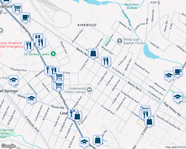map of restaurants, bars, coffee shops, grocery stores, and more near 506 East Maple Avenue in Lindenwold