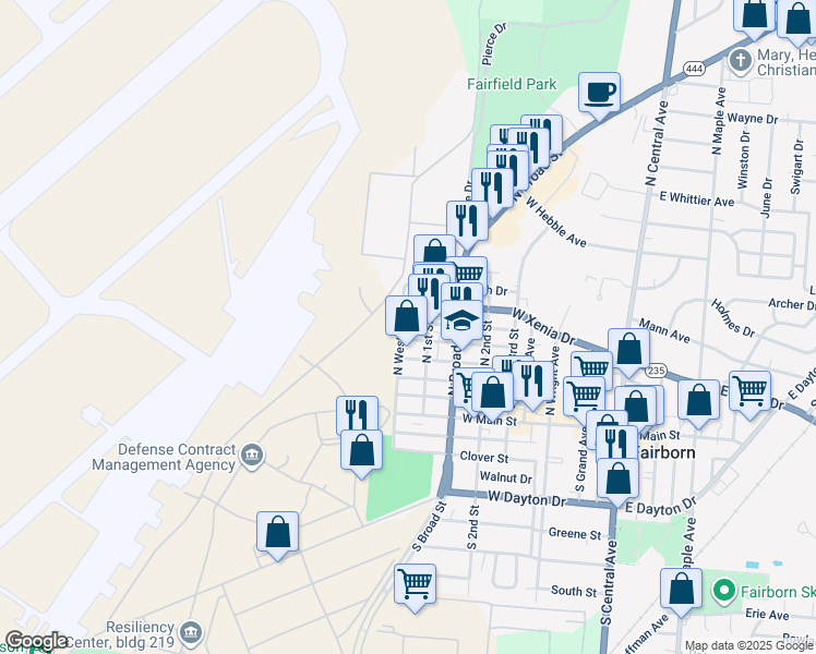 map of restaurants, bars, coffee shops, grocery stores, and more near 128 North West Street in Fairborn