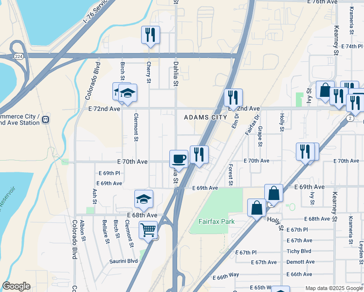 map of restaurants, bars, coffee shops, grocery stores, and more near 7070 Dahlia Street in Commerce City