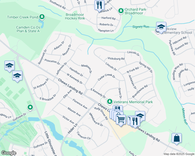 map of restaurants, bars, coffee shops, grocery stores, and more near 13 Madison Drive in Laurel Springs