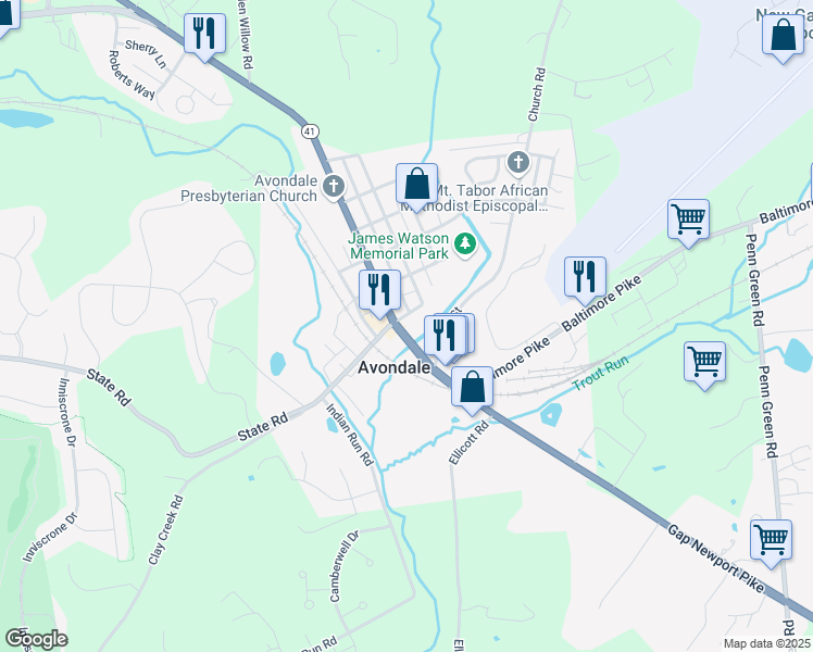 map of restaurants, bars, coffee shops, grocery stores, and more near 95 Pennsylvania Avenue in Avondale