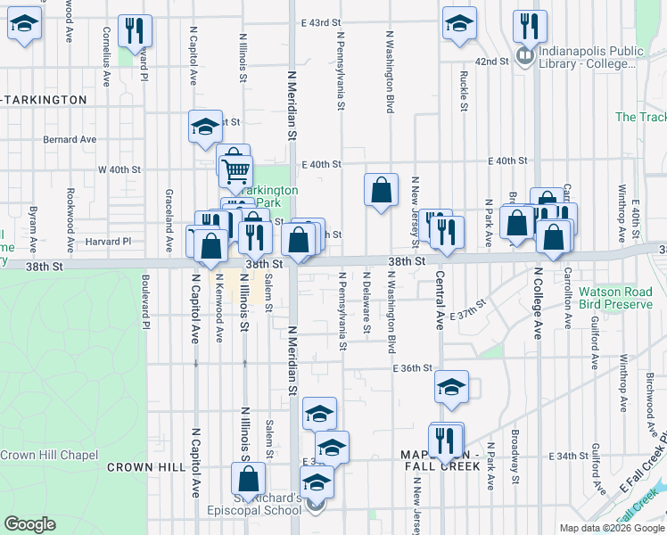 map of restaurants, bars, coffee shops, grocery stores, and more near 57 East 38th Street in Indianapolis