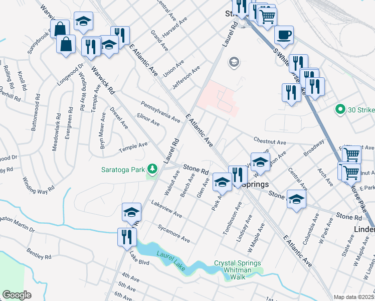 map of restaurants, bars, coffee shops, grocery stores, and more near 12 West Laurel Road in Stratford